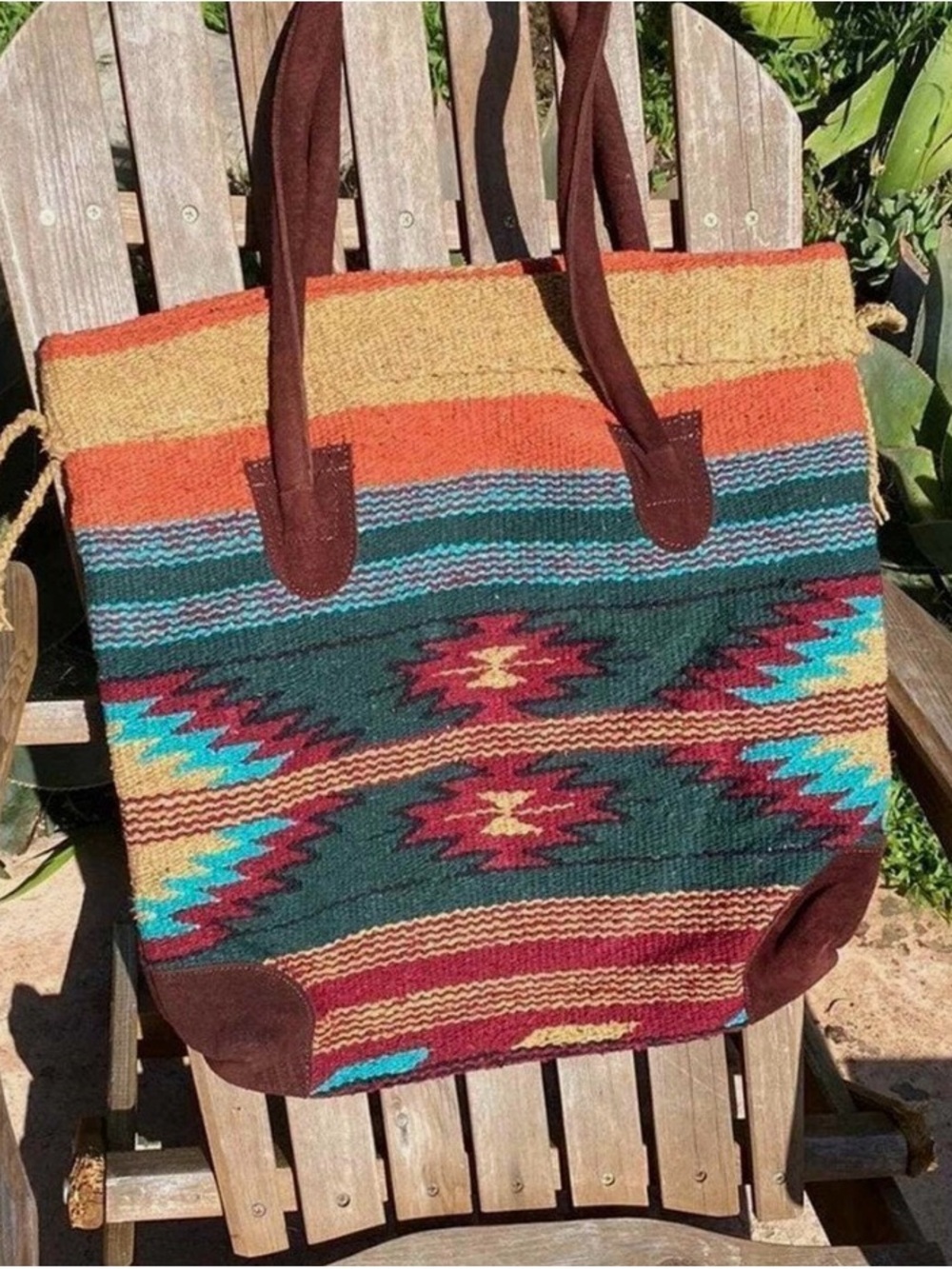 Boho Southwestern Woven Tote Bag in Teal, Rust & Mustard